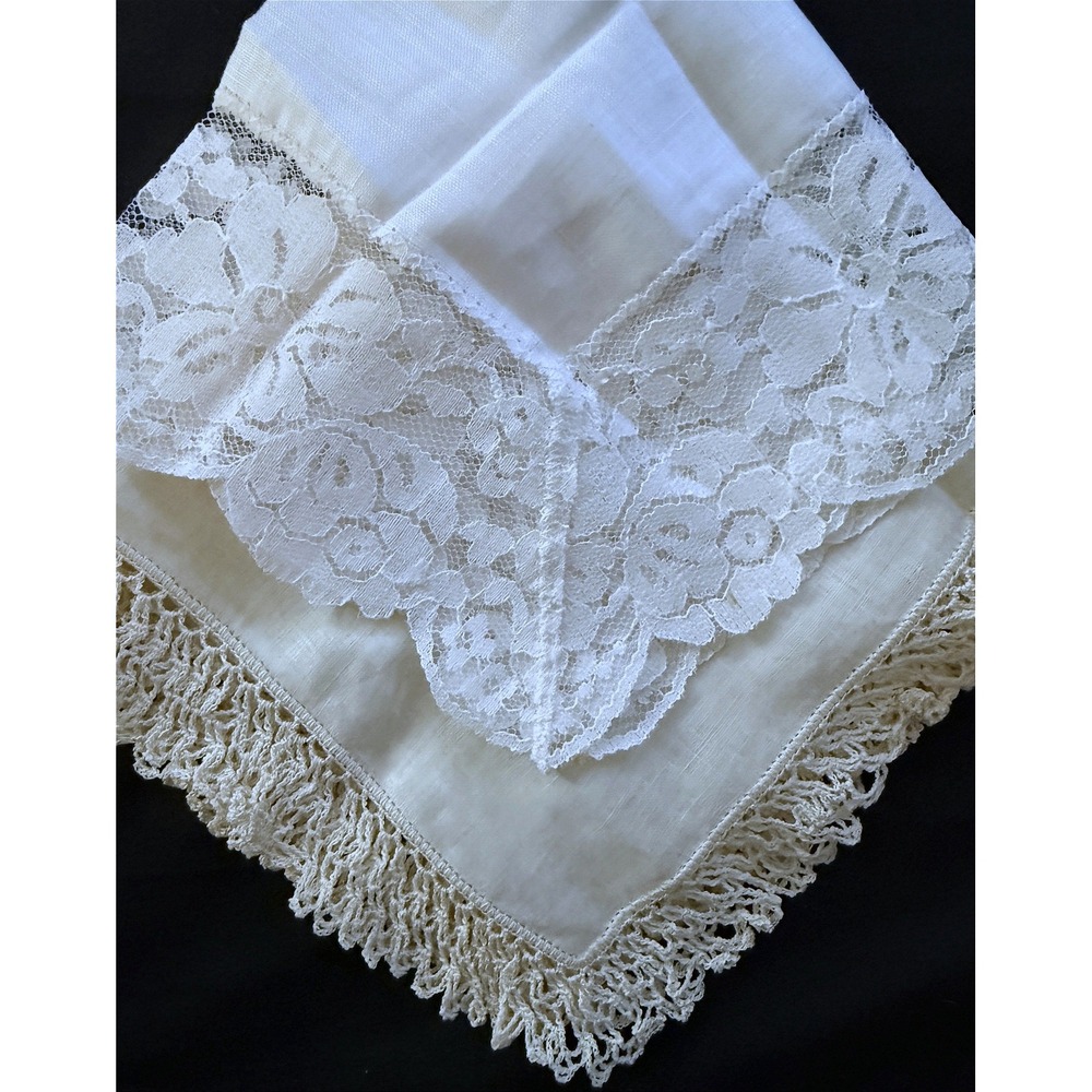 2 Vintage Linen Handkerchiefs Ecru & White Different Lace Unused Clean w/ Labels